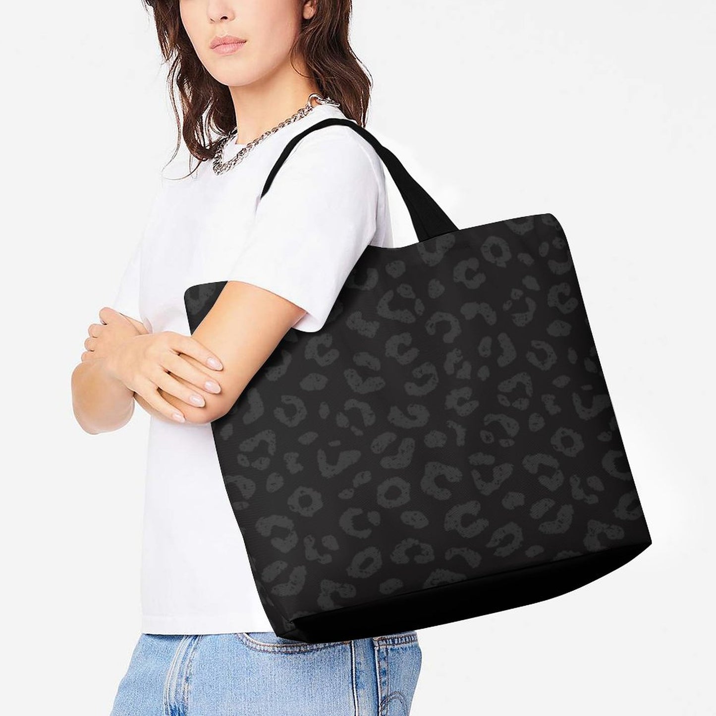 Black on Black Leopard - Large One Shoulder Shopping Bag